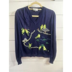 Vintage 1970s Fun Embroidered Sweater Shirlee Design, Frog Print Med. Retro Navy